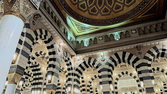 An inside view of the Arabian style of the dome and ceiling designs of Al-Masjid An-Nabawi.