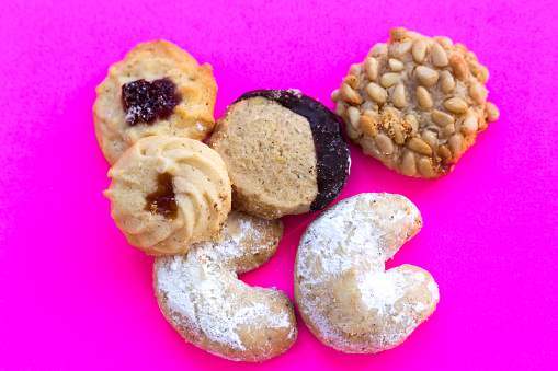 Homemade Christmas Cookies, Hot Pink Background, Copy Space