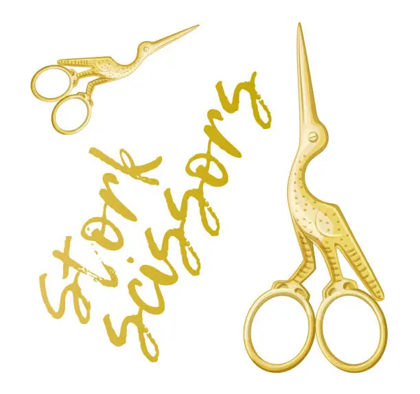 Vector illustration of Stork scissors golden colored vector icon isolated on white background, sewing bird scissors cartoon illustration vintage tool for embroidery