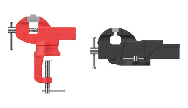 Vector illustration of Bench vise metal red and black tool for heavy pressure side view set realistic vector illustration