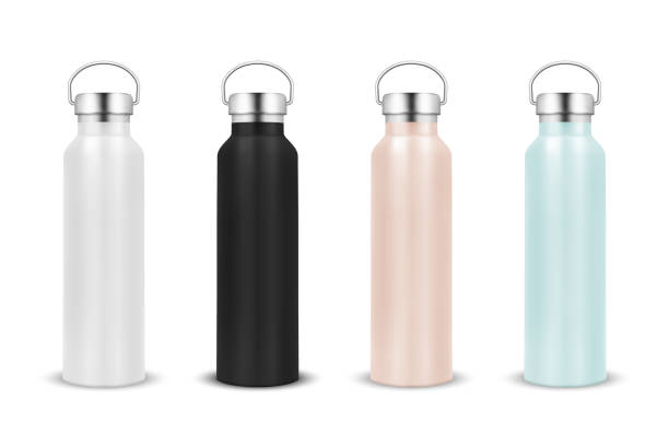 istock Vector Realistic 3d White, Black, Pink and Blue Blank Glossy Metal Reusable Water Bottle Icon Set with Silver Bung Closeup Isolated on White Background. Design Template of Packaging Mockup. Front View 1890899375