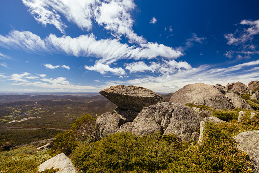 Landscape views at the summit of Porcupine Rocks on the Porcupine Walking Track on a summer's day in Kosciuszko National Park, Snowy Mountains, New South Wales, Australia