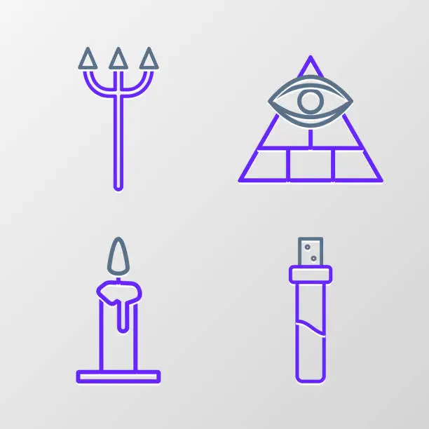 Vector illustration of Set line Bottle with love potion, Burning candle in candlestick, Masons and Neptune Trident icon. Vector