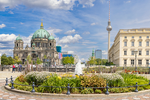 Berlin, Germany - July 24, 2023: Berlin Cathedral called Berliner Dom and famous TV tower in Berlin in Germany Europe.