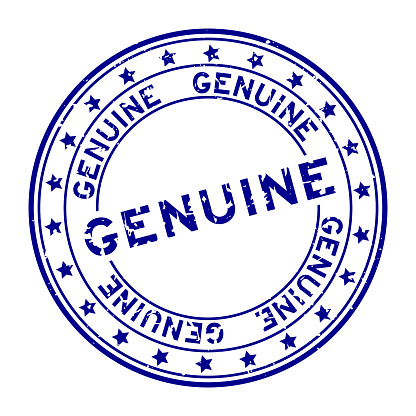 Grunge blue genuine word round rubber seal stamp on white background