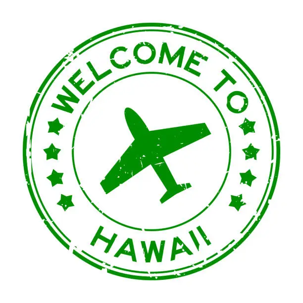 Vector illustration of Grunge green welcome to word hawaii with plane icon round rubber seal stamp on white background