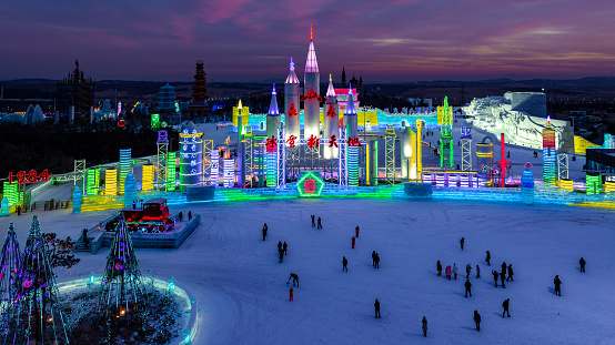 On December 12, 2023, in Changchun, China, the 27th Changchun Ice and Snow Festival opened in Changchun Ice and Snow Xintiandi on the evening of December 12, 2023. This Changchun Ice and Snow Festival will continue until March 2024. The picture shows the ice, snow sculptures and architectural landscape of the Ice and Snow Xintiandi.