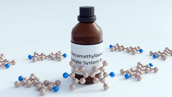 3d rendering of 3,3′,5,5′-Tetramethylbenzidine or TMB molecules with brown glass bottle. This reagent used in enzyme-linked immunosorbent assays or ELISA