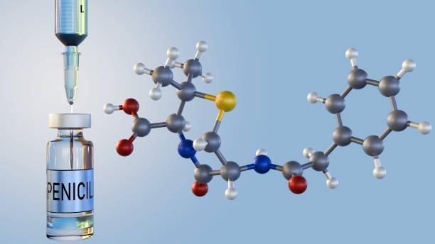 moléculas de penicilina g o benzilpenisilina con jeringa médica - penicillin fotografías e imágenes de stock