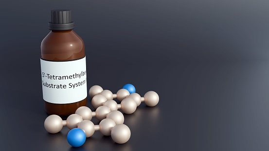 3d rendering of 3,3′,5,5′-Tetramethylbenzidine or TMB molecules with brown glass bottle. This reagent used in enzyme-linked immunosorbent assays or ELISA