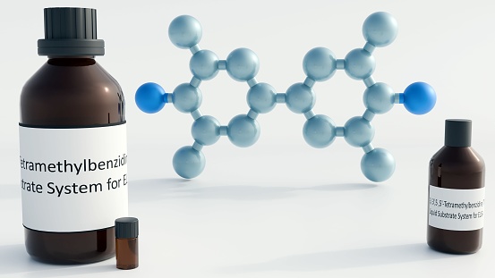 3d rendering of 3,3′,5,5′-Tetramethylbenzidine or TMB molecules with brown glass bottle. This reagent used in enzyme-linked immunosorbent assays or ELISA