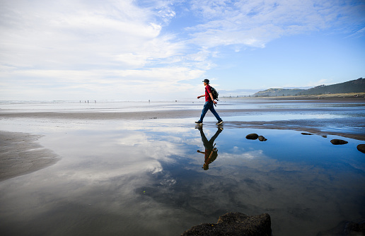 Man walking on wet sand with reflection at Muriwai Beach in summer. Auckland.