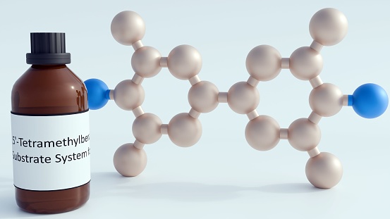 3d rendering of 3,3′,5,5′-Tetramethylbenzidine or TMB molecules with brown glass bottle. This reagent used in enzyme-linked immunosorbent assays or ELISA