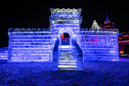 On December 12, 2023, in Changchun, China, the 27th Changchun Ice and Snow Festival opened in Changchun Ice and Snow Xintiandi on the evening of December 12, 2023. The activity of this Changchun Ice and Snow Festival will continue until March 2024. The picture shows the night scene of ice sculpture in the Ice and Snow Xintiandi.