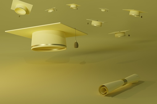 3d render of graduation caps and diploma on pastel yellow background