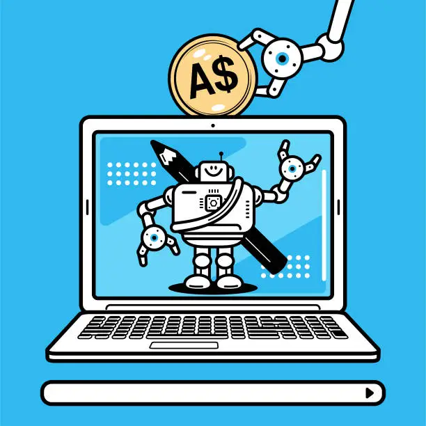 Vector illustration of An artificial intelligence robot with a large pencil greeting you on a laptop computer screen, and a robotic arm putting money into the computer
