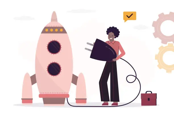 Vector illustration of Woman holds plug connected to spaceship or space rocket. Preparing to launch new project. Concept of boosting potential, personal development and growth, startup launch.