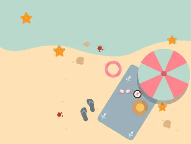 Vector illustration of High angle view of summer beach, umbrella, Hat, star fish, Flip flops, sunglasses, coconut water, beach mat, vacation and travel concept