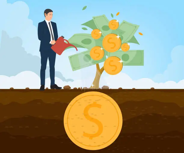 Vector illustration of Young businessman waters the money tree to make it grow, investment. Investment business concept vector illustration.