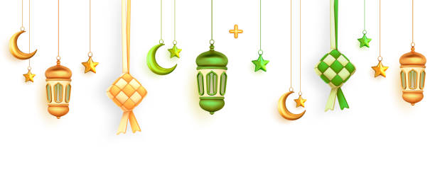 istock Islamic decoration background with ketupat, crescent, moon star and lantern Arabic style, 3D illustration 1891173373