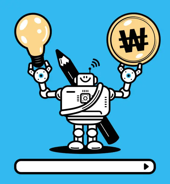 Vector illustration of An artificial intelligence robot carrying a large pencil and holding money and a big idea light bulb