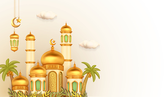 3d illustration of an exquisite mosque building model decorated with glossy brass dome for Ramadan Mubarak, Eid-Ul-Fitr and Eid al-Adha, 3D rendering illustration