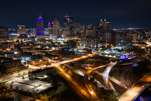 Aerial still image of downtown Kansas City, Missouri at night in Fall.\n\nAuthorization was obtained from the FAA for this operation in restricted airspace.