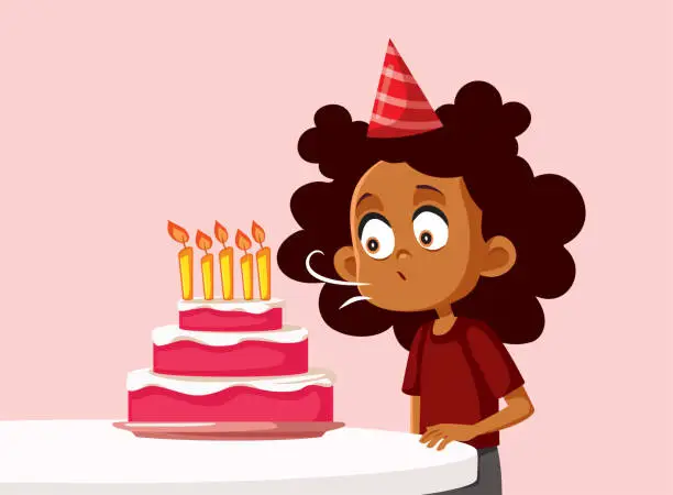 Vector illustration of Happy Birthday Girl Blowing Her Cake Candles Vector Cartoon