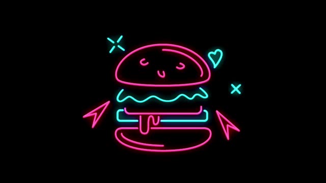 Animated colorful neon light burger shape isolate on black background.