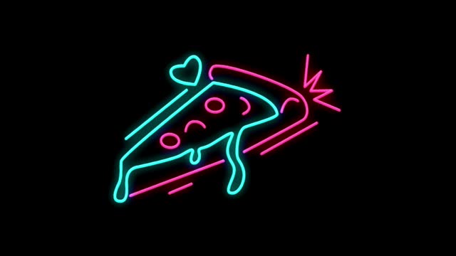 Animated colorful neon light pizza shape isolate on black background.
