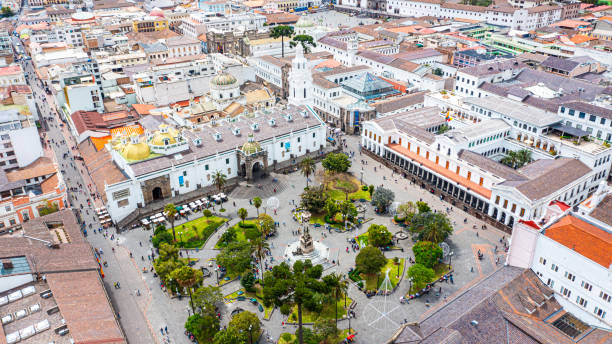 Drone shot view of Plaza Grande, Quito, Ecuador