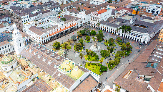 Drone shot view of Plaza Grande, Quito, Ecuador