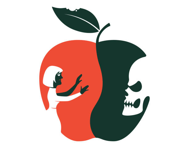 ilustrações, clipart, desenhos animados e ícones de mulher procurando e encontrando crânio dentro do símbolo da maçã - rotting apple fruit missing bite