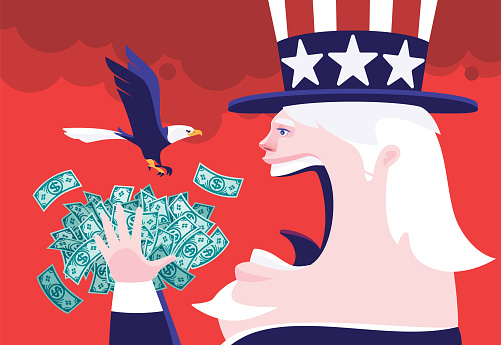 vector illustration of Uncle Sam holding pile of banknotes and screaming