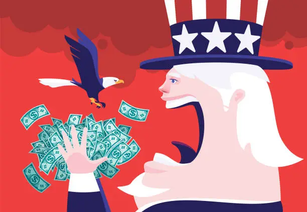 Vector illustration of Uncle Sam holding pile of banknotes and screaming