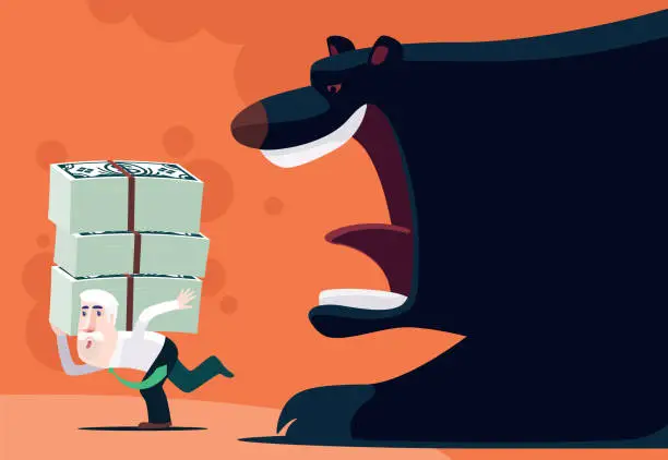 Vector illustration of angry bear following senior businessman who holding stack of banknotes