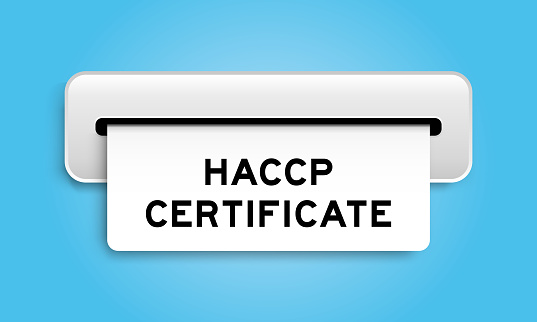 White coupon banner with word HACCP (Hazard Analysis Critical Control Points) certificate from machine on blue color background