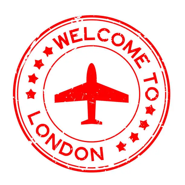 Vector illustration of Grunge red welcome to london with airplane icon round rubber seal stamp on white background
