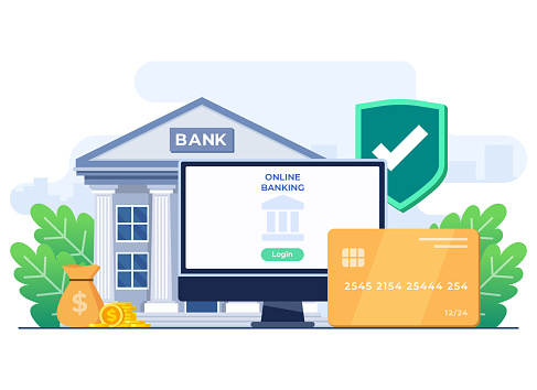 Flat-style vector illustration of Log into online bank account with computer flat illustration, Online bank login page with username and password, Money transfer and cash withdrawal, Digital wallet, Secure access to personal account concept for website banner, online advertisement, marketing material, business presentation, poster, landing page, and infographic