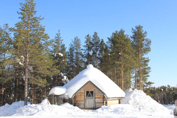 Defocused view of Lapland restaurant Kotahovi outside in Santa Claus Village in Rovaniemi in Finland
