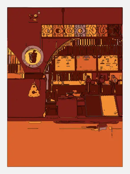 Vector illustration of outline style cartoon cafe bar scene pattern background