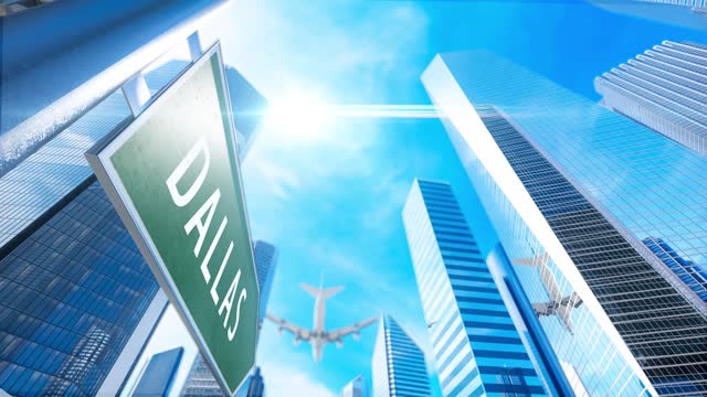 Dallas. Airplane Landing, Take Off City Skyscraper Road Sign