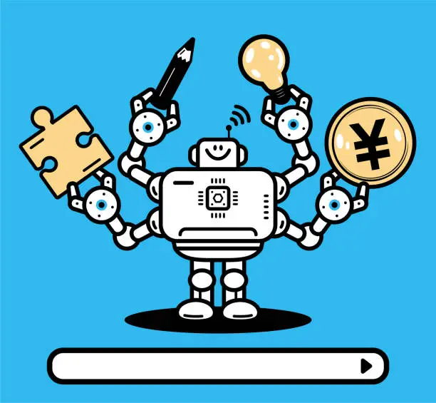 Vector illustration of An artificial intelligence robot with four hands holding a pencil, a creative idea light bulb, a jigsaw piece of solution, and money, AI can multitask and help you create high-quality content and make money