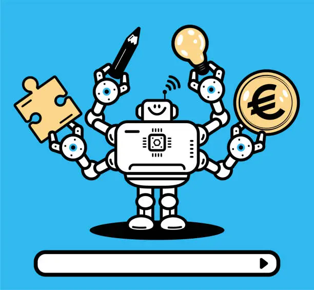 Vector illustration of An artificial intelligence robot with four hands holding a pencil, a creative idea light bulb, a jigsaw piece of solution, and money, AI can multitask and help you create high-quality content and make money