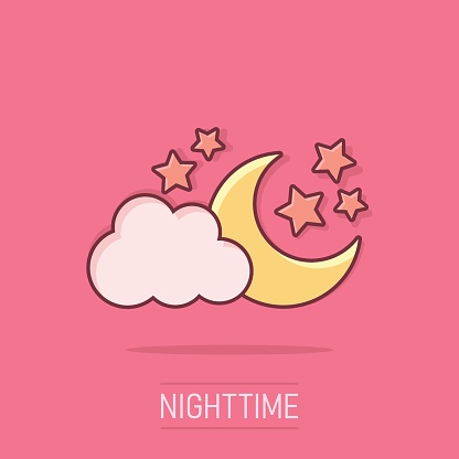 Vector cartoon moon and stars with clods icon in comic style. Nighttime concept illustration pictogram. Cloud, moon business splash effect concept.