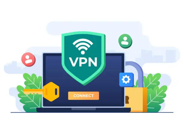 Vector illustration of VPN to protect personal data on internet, Secure web traffic, Encrypted data transfer, VPN access, Virtual private network, Remote server, Secure router access, Safety on internet