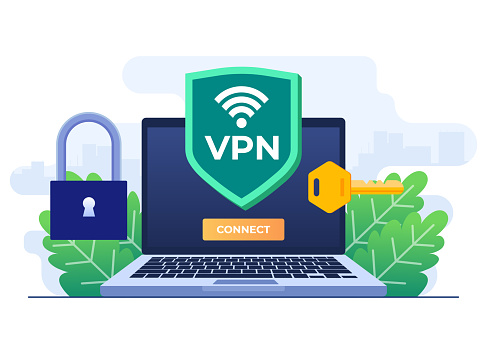 Flat-style vector illustration of VPN to protect personal data on internet, Secure web traffic, Encrypted data transfer, VPN access, Virtual private network, Remote server, Secure router access, Safety on internet concept for website banner, online advertisement, marketing material, business presentation, poster, landing page, and infographic