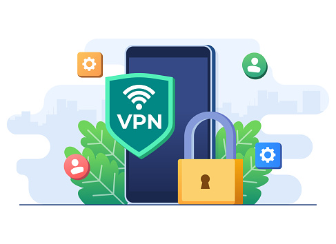 Flat-style vector illustration of VPN to protect personal data in smartphone, Secure web traffic, Encrypted data transfer, VPN access, Virtual private network, Remote server, Secure router access, Safety on internet concept for website banner, online advertisement, marketing material, business presentation, poster, landing page, and infographic