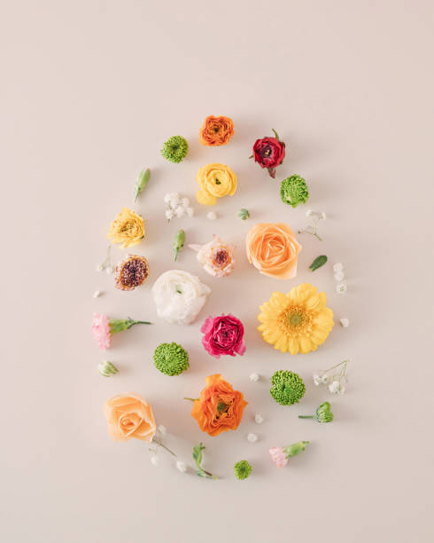 istock Easter egg frame created of natural flowers on a cream background. 1891455043