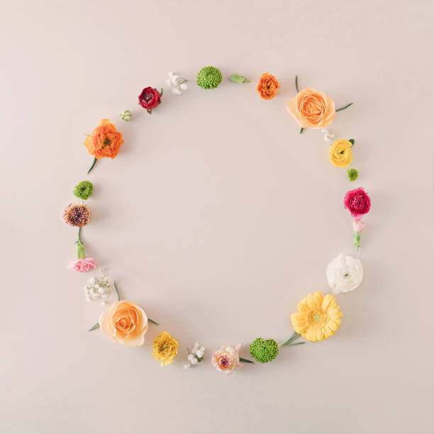 istock Round frame made of natural spring flowers on a cream background. 1891455554